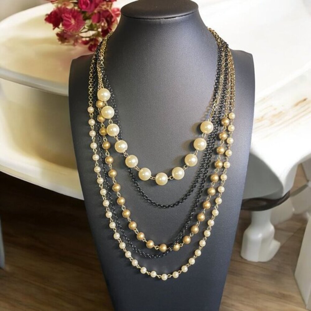 New York & Company Multi-Layer Faux‎ Pearl & Chain Necklace Gold, Black, & Ivory